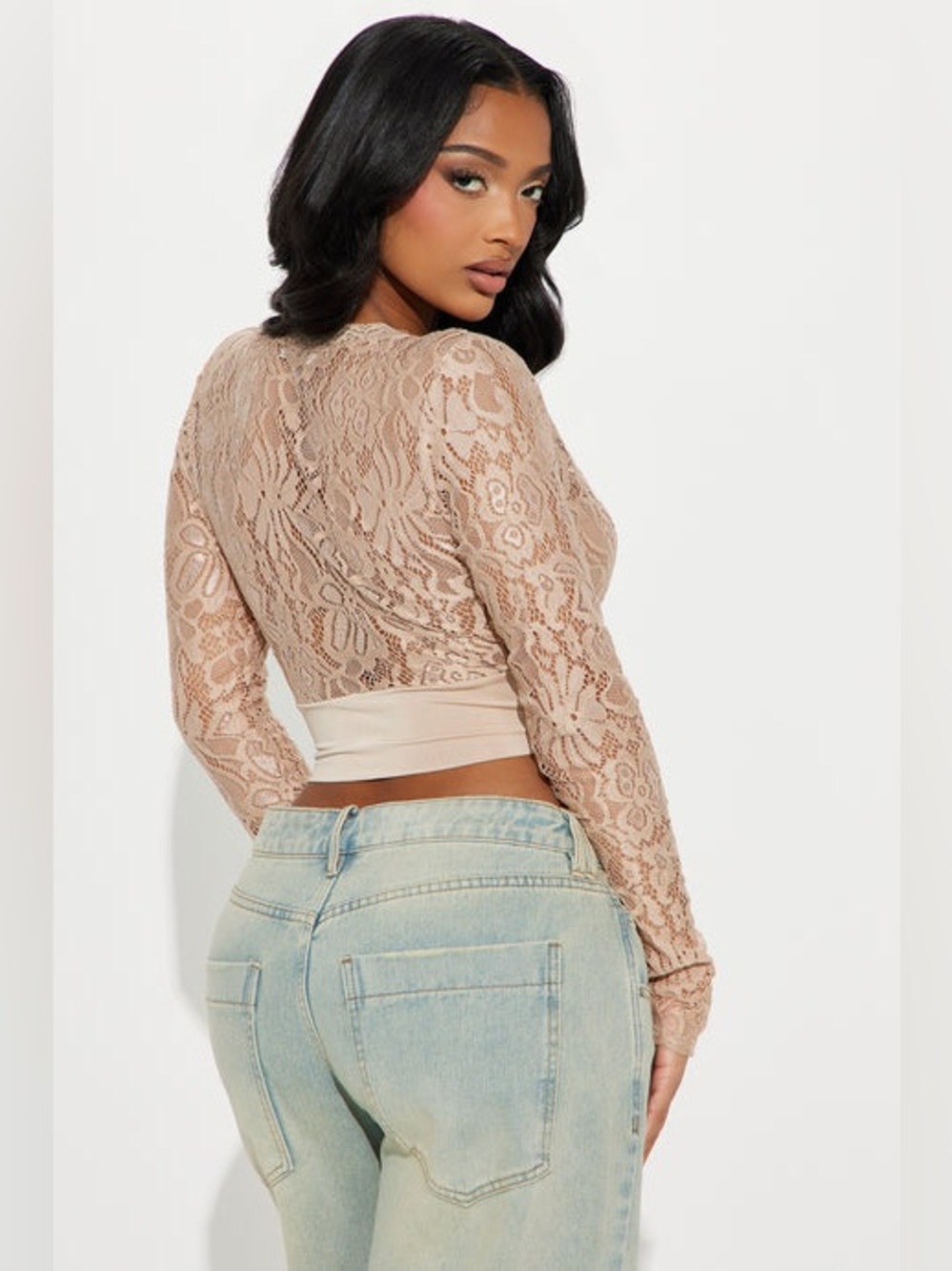 Lace Long-Sleeve Corset Top - Nude